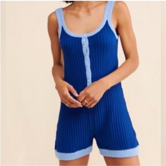 Free People Pants - NWOT Free People Rue Stiic Blue Knit Romper Small